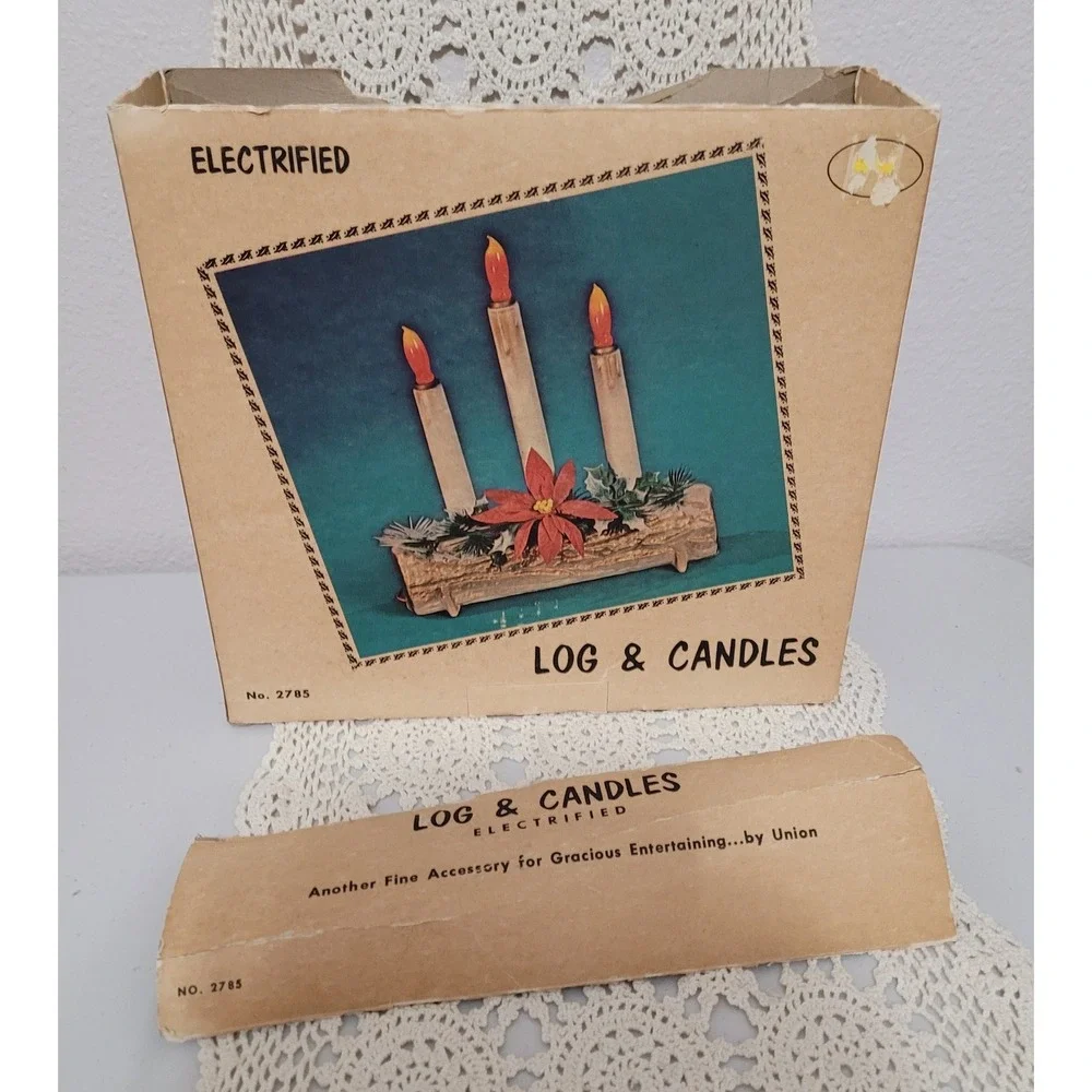 Vtg Christmas Electric Log & Candles Union Blow Mold w/ Flame Bulbs Centerpiece